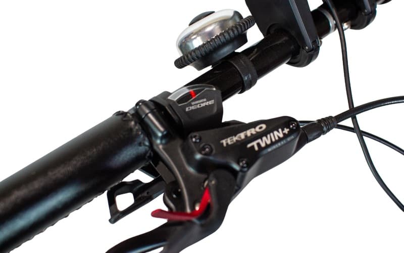 The Tektro brake lever on a Ricky Rickshaw, with the red park-brake paddle and Shimano Deore shifter
