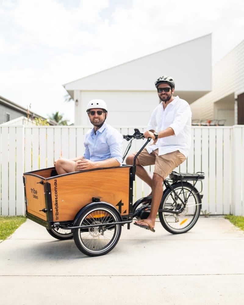 Nick and Steve, the founders of Tribe Bikes, on a Tribe Original cargo bike